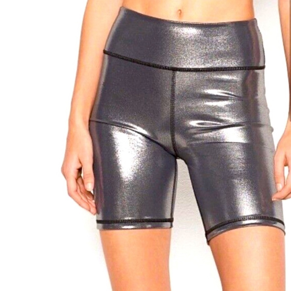 NWOT Victoria Secret Sport Silver Metallic Pull On Bike Shorts Side XL